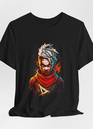 Draped front view of the black Ekko Firelight Portrait Graphic T-Shirt.