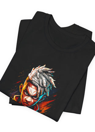 Folded view of the black Ekko Firelight Portrait Graphic T-Shirt.