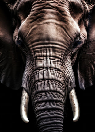 Tightly framed elephant face with wrinkled forehead, long trunk and two pale tusks against black.