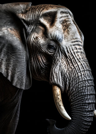 Elephant turned right, with a broad gray ear and single visible pale tusk against black.