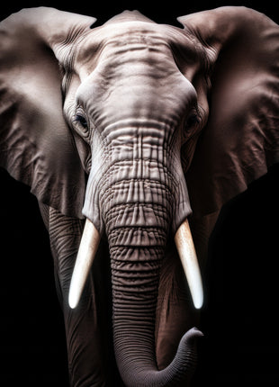 Front-facing pale gray elephant with long tusks and its trunk curled at the bottom against black.