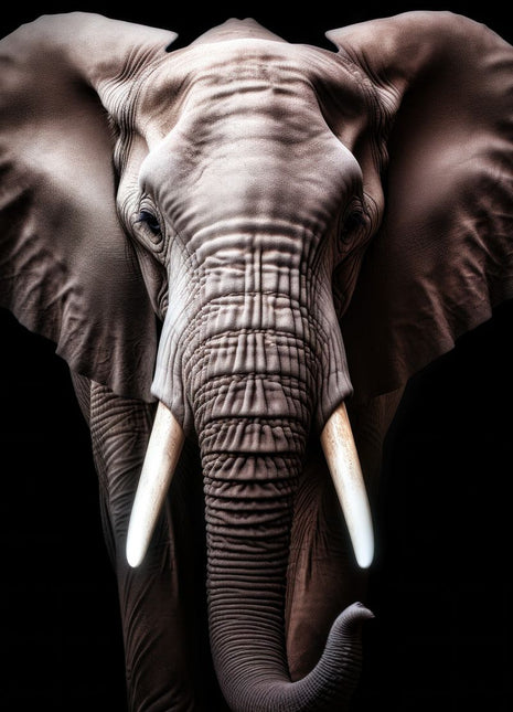 Front-facing pale gray elephant with long tusks and its trunk curled at the bottom against black.
