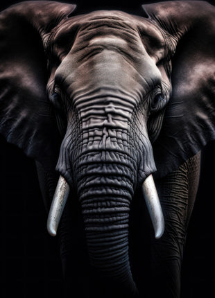 Front-facing gray elephant with broad dark ears, long trunk and inward-curving pale tusks on black.