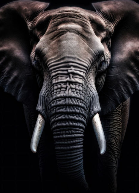 Front-facing gray elephant with broad dark ears, long trunk and inward-curving pale tusks on black.