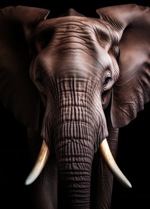 Front-facing elephant with broad ears, wrinkled brown skin and long ivory-colored tusks against black.