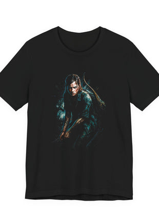 Front of black T-shirt showing Ellie in a low stance holding a blade, with a bow, backpack and forearm tattoo in dark teal tones.