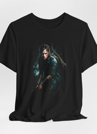 Draped black T-shirt with gathered hem showing Ellie in a low stance holding a blade, with a bow, backpack and forearm tattoo in dark teal tones.