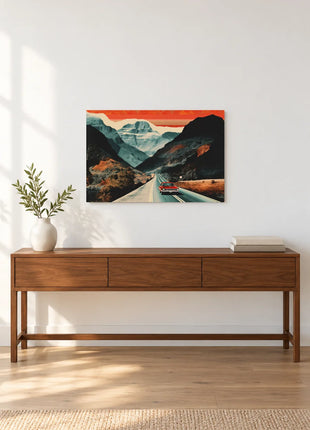 Ember Pass wall art displayed above a walnut console against a white wall