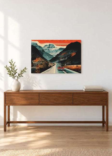 Ember Pass wall art displayed above a walnut console against a white wall