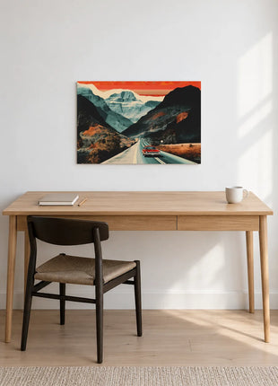 Ember Pass wall art displayed above a wooden desk against a white wall