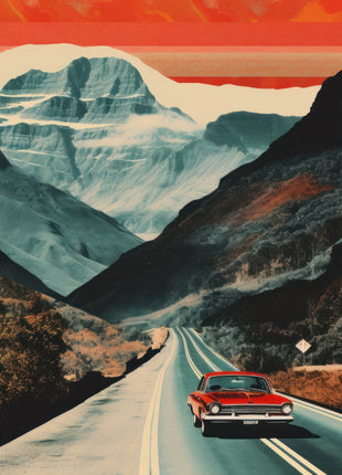 Red vintage-style car on a teal mountain road beneath snow-striped peaks, dark slopes, and a layered burnt-orange sky; Ember Pass artwork