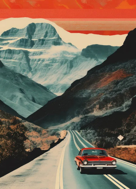 Red vintage-style car on a teal mountain road beneath snow-striped peaks, dark slopes, and a layered burnt-orange sky; Ember Pass artwork