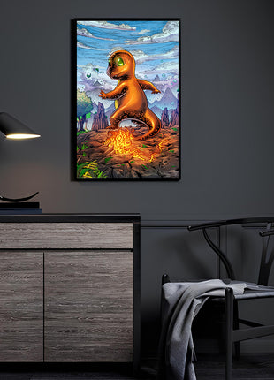 Charmander-inspired Pokémon wall art over flames and rock, 11x17 print
