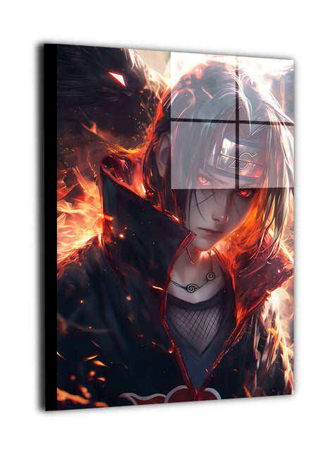 Ultra-sharp metal wall art depicting Itachi Uchiha in a dark, flame-filled scene with intense red highlights