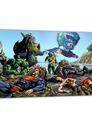 Dragon-themed mech and Green Ranger victorious over fallen superheroes on shoreline; Geebo Vigonte artwork, gallery-wrapped.