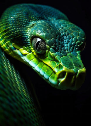 Emerald-green snake with downward-angled head, reflective eye, lime jaw scales and teal body on black.