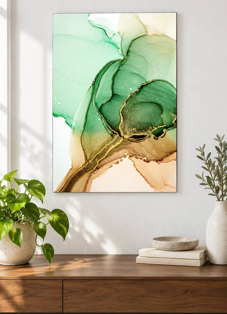 Mint and emerald abstract pools with fine gold-toned veins on cream displayed above a console table in a room setting