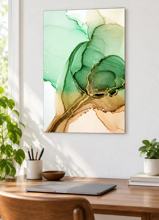 Mint and emerald abstract pools with fine gold-toned veins on cream displayed above a desk in a room setting