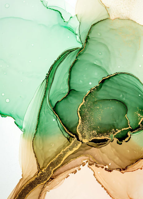 Mint and emerald abstract pools with fine gold-toned veins on cream