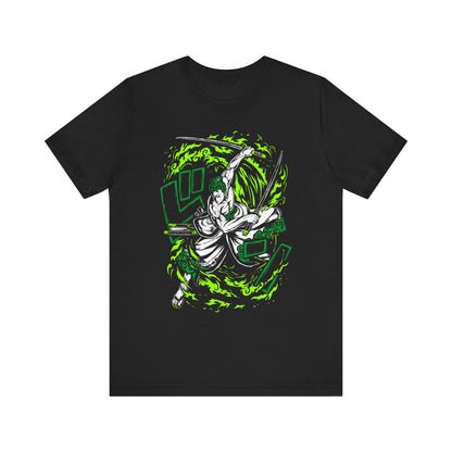 Alt: Emerald Flame Swordsman Anime Shirt on black, angled front view, anime streetwear by Snapping Turtle Gallery

