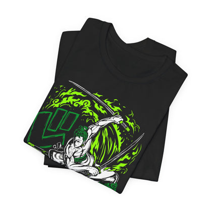 Alt: Emerald Flame Swordsman Anime Shirt on black, flat lay display, anime graphic tee by Snapping Turtle Gallery

