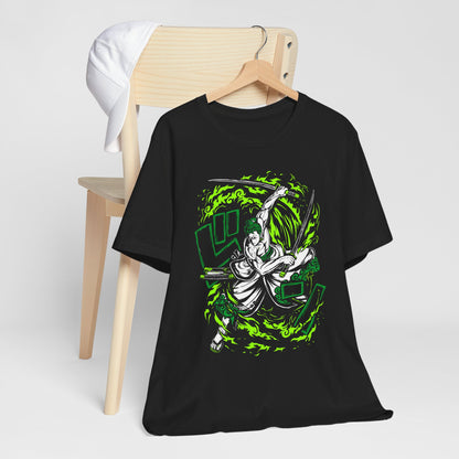 Alt: Emerald Flame Swordsman Anime Shirt printed on black, front view, anime apparel by Snapping Turtle Gallery

