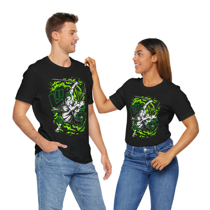 Alt: Emerald Flame Swordsman Anime Shirt on black, lifestyle photo, anime shirt worn, Snapping Turtle Gallery

