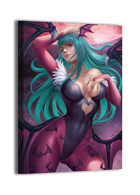 Canvas wall art of Enchantress of the Night showcasing Morrigan Aensland with flowing wings and dark fantasy video game styling by Nopeys
