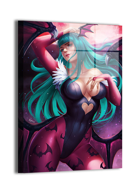 Metal wall art print of Enchantress of the Night displaying Morrigan Aensland with dramatic contrast and gothic fantasy presentation by Nopeys