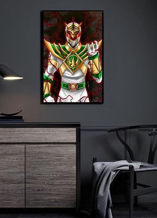 The Fallen Morphin King Wall Art featuring Lord Drakkon, an alternate Tommy Oliver in combined Green and White Ranger armor on acrylic, artwork by Emmanuel Centeno.