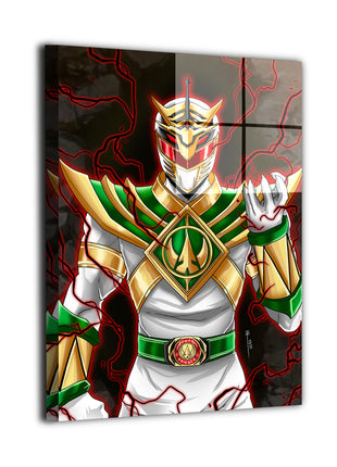 The Fallen Morphin King Wall Art featuring Lord Drakkon, an alternate Tommy Oliver in combined Green and White Ranger armor on metal, artwork by Emmanuel Centeno.