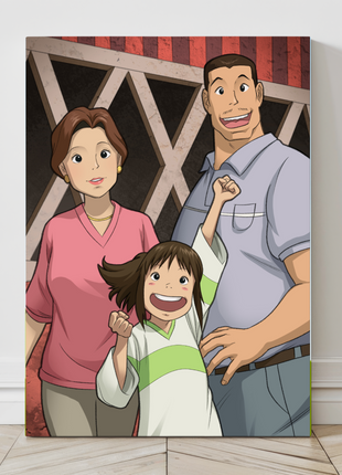Family Before the Feast Canvas — warm anime family scene of Chihiro and parents, painterly detail and soft light; art by Ryan Pasibe, colors by Sam Dela Torre.