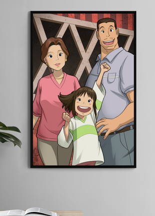 Family Before the Feast Poster — Chihiro with her parents, heartfelt family portrait, Studio-Ghibli-inspired artwork by Ryan Pasibe, colors by Sam Dela Torre.