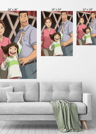 Family Before the Feast Poster — Chihiro with her parents, heartfelt family portrait, Size Chart Studio-Ghibli-inspired artwork by Ryan Pasibe, colors by Sam Dela Torre.