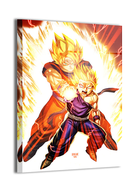 24x36 gloss metal print of Gohan channeling a Kamehameha with Goku’s glowing presence at his back

