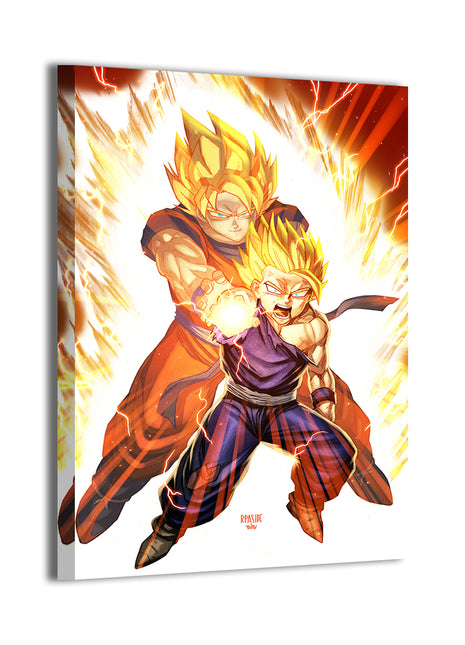 24x36 canvas print of Gohan with Goku’s spirit guiding him during a dramatic Super Saiyan energy attack