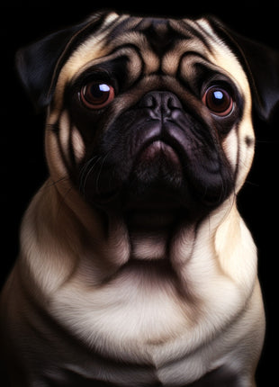 Fawn pug facing forward with dark facial mask, large eyes, wrinkled forehead and folded ears.