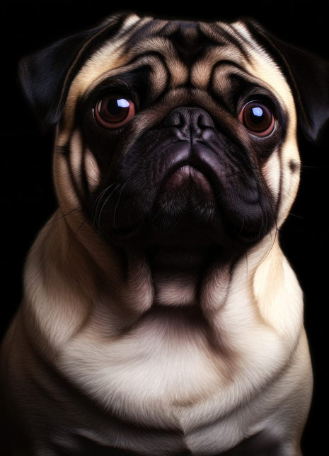 Fawn pug facing forward with dark facial mask, large eyes, wrinkled forehead and folded ears.