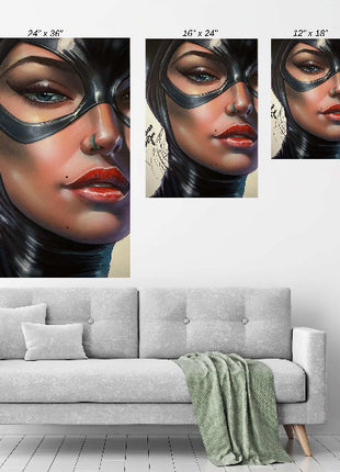 Feline Noir Close-Up — Catwoman DC portrait by Aurelio Rigoni displayed in a modern room.