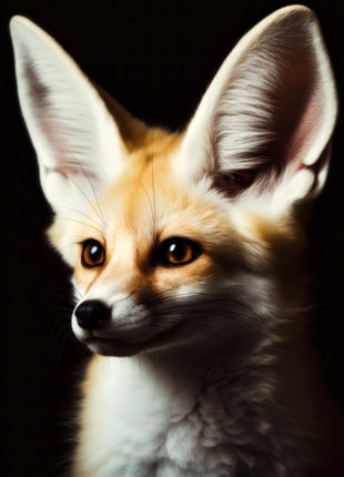 Fennec fox looking left with oversized ivory ears, warm golden fur and large amber eyes on dark brown.
