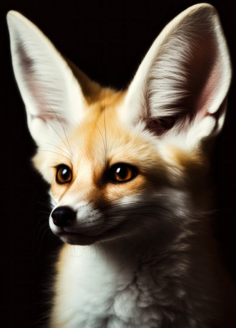 Fennec fox looking left with oversized ivory ears, warm golden fur and large amber eyes on dark brown.