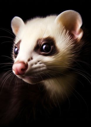 Ferret looking left with cream face, pink nose, dark eyes and deep brown body.