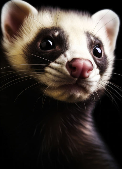 Ferret looking slightly right with dark eye mask, cream face, rounded ears and pink nose.