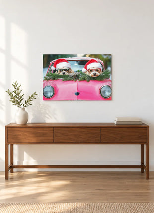 Festive Front-Seat Friends wall art displayed above a walnut console against a white wall