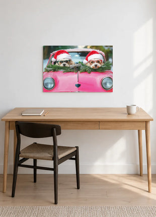 Festive Front-Seat Friends wall art displayed above a wooden desk against a white wall