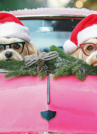 Two small dogs wearing Santa hats and glasses peer over evergreen garland in a bright pink open car, with snowy details and soft golden background lights; Festive Front-Seat Friends artwork