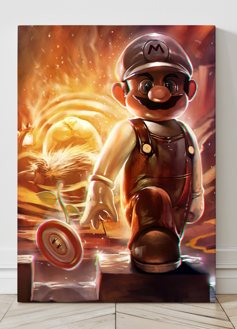 Oversized 24x36 Mario vs Bowser canvas with glowing fire and epic motion.