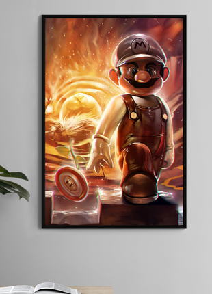 Mario walks forward from flames as Bowser roars behind in this 11x17 Nintendo fan art by Ceasar.