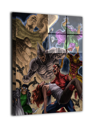 Final Stand wall art featuring Spider-Man (Peter Parker) vs Doctor Octopus, Mysterio, Rhino, Sandman, Scorpion, and Chameleon — artwork view
