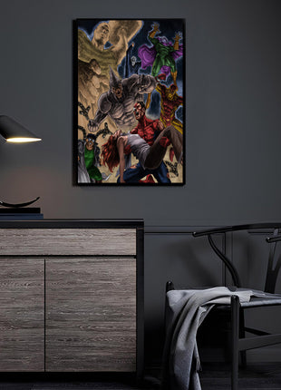 Final Stand wall art featuring Spider-Man (Peter Parker) vs Doctor Octopus, Mysterio, Rhino, Sandman, Scorpion, and Chameleon — room display mockup